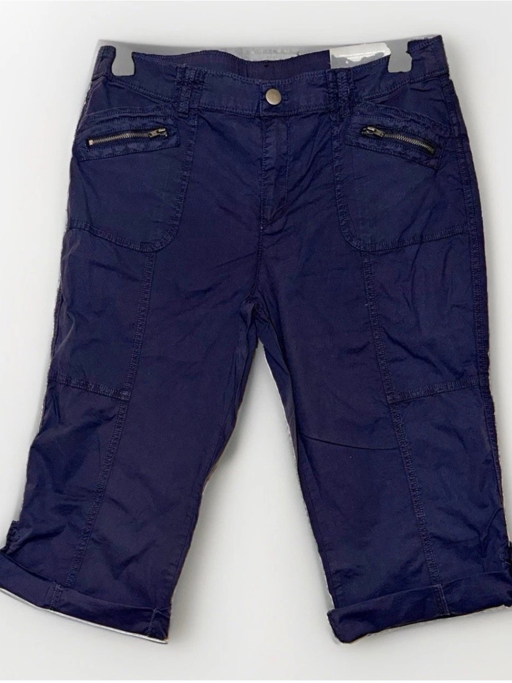 Chico's Casual Women's Size 1/8 Blue Rolled Cuff Capri Pants Zip Pockets NWT